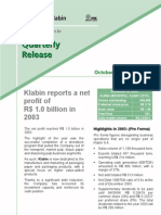Klabin Reports A Net Profit of R$ 1.0 Billion in 2003: October/December 2003