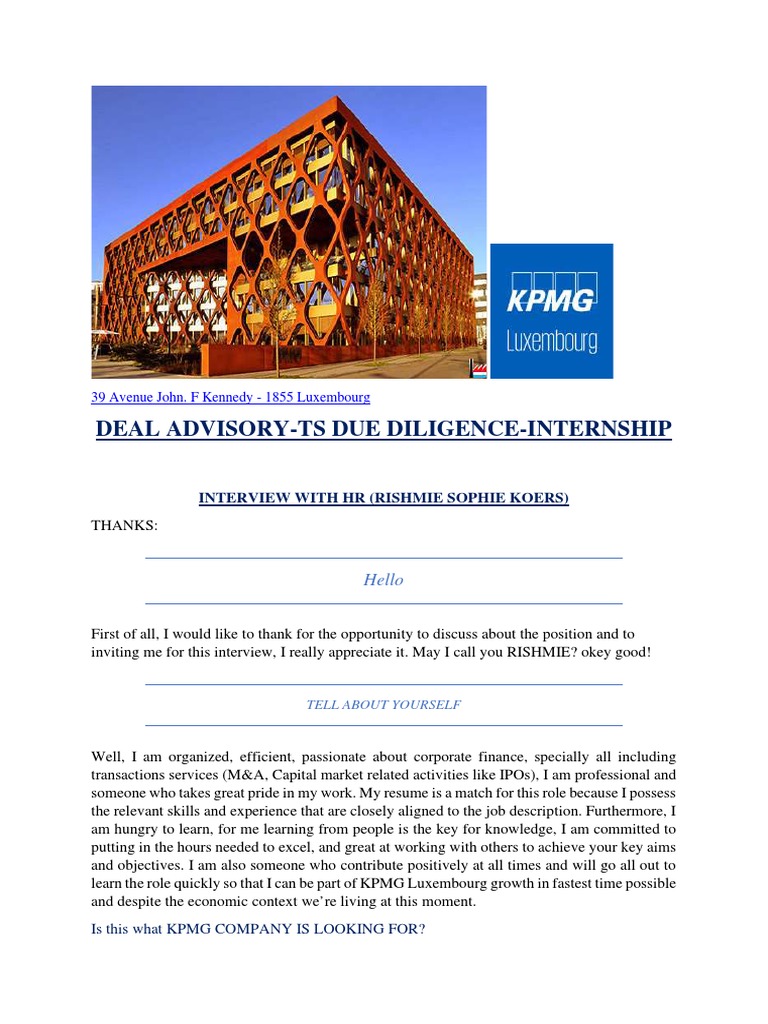 Final Interview KPMG PDF Mergers And Acquisitions Due Diligence