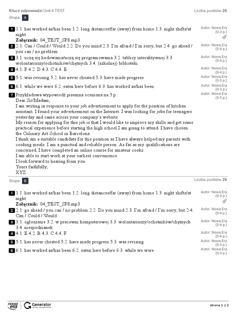 Unit 4 Test Answer Key | PDF | Cooking
