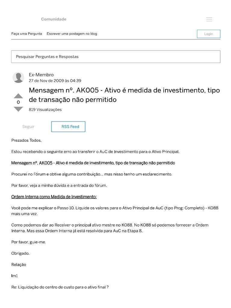 Mensagem Nº. AK005 - Ativo É Medida de Investimento, Tipo de Transação ...