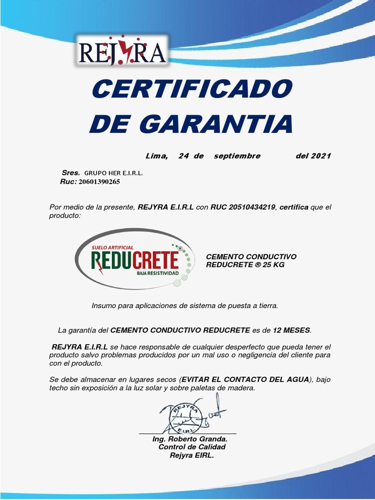 Certificado Garantia Reducrete 25 KG | PDF