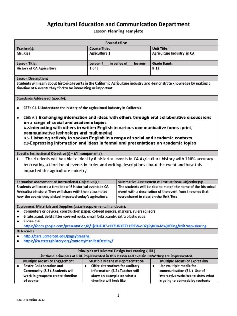 Edtpa Unit Plan Agriculture Industry in California 1 PDF