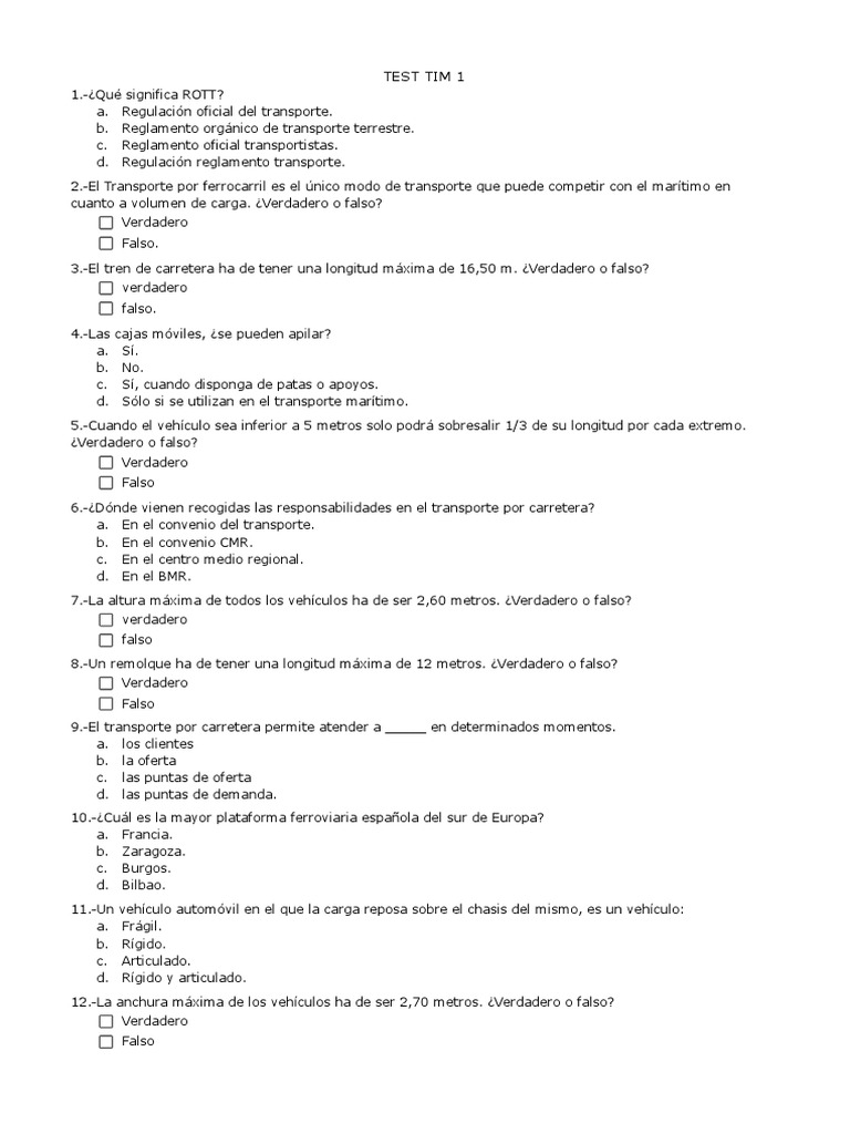 Test Tim Tema 1,2,3 y 4 | PDF | Transporte | Transporte Intermodal de Carga