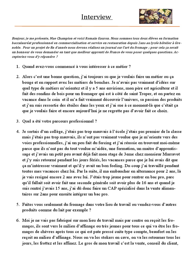 Interview d'un Meilleur Apprenti Fromager | PDF | Fromage