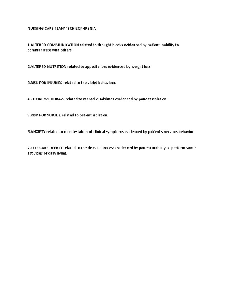 Nursing Care Plan Schizophrenia | PDF