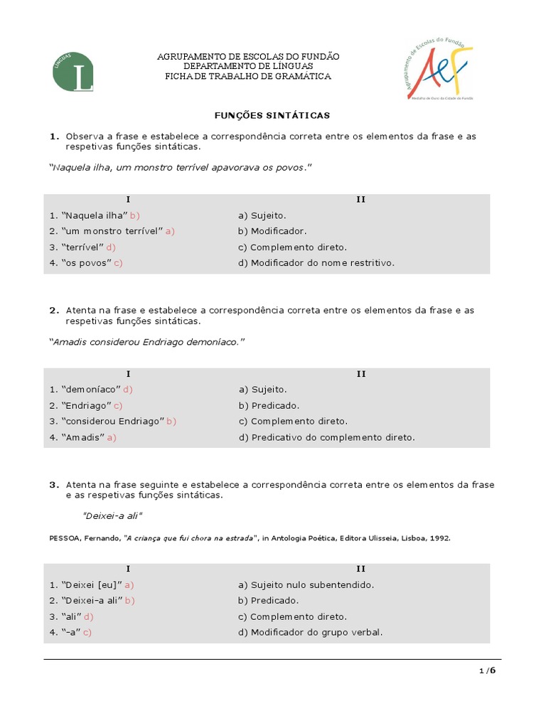 Funções Sintáticas - Ficha de Gramática | PDF | Assunto (gramática ...