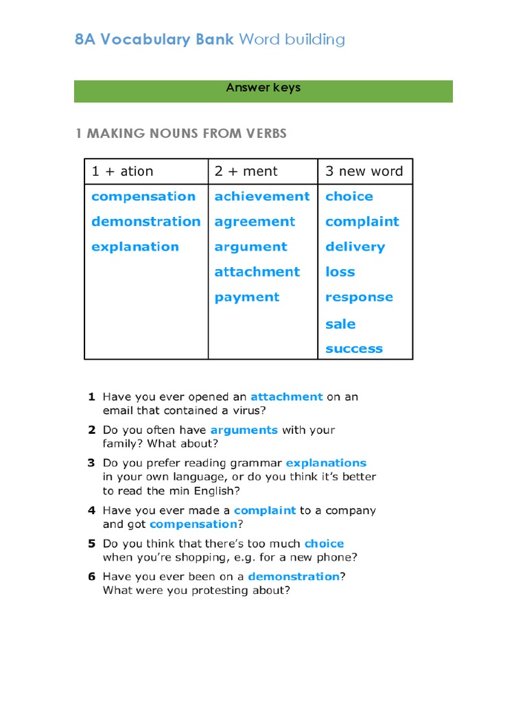8a Vocabulary Bank Answer Keys | PDF | Career & Growth | Language Arts ...
