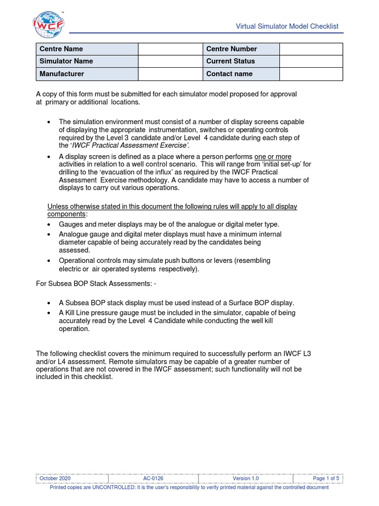 IWCF Pump Panel Simulator Checklist | PDF | Pump | Simulation