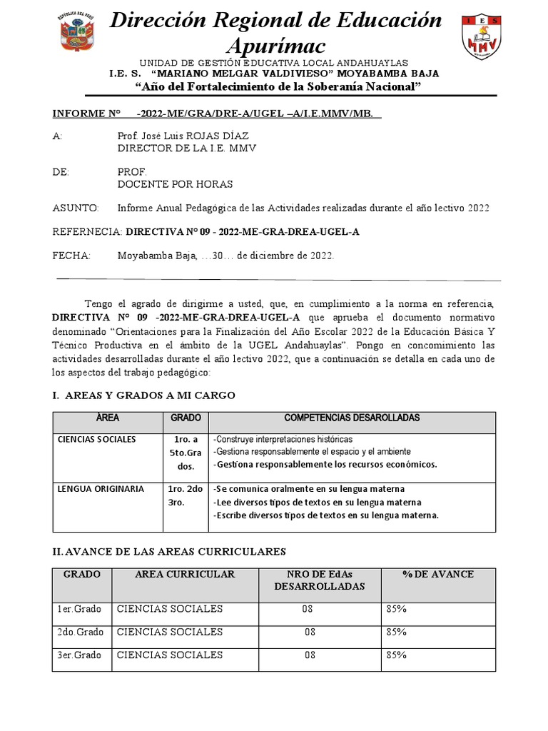 Informe Anual de Actividades Educativas 2022 | PDF | Evaluación ...