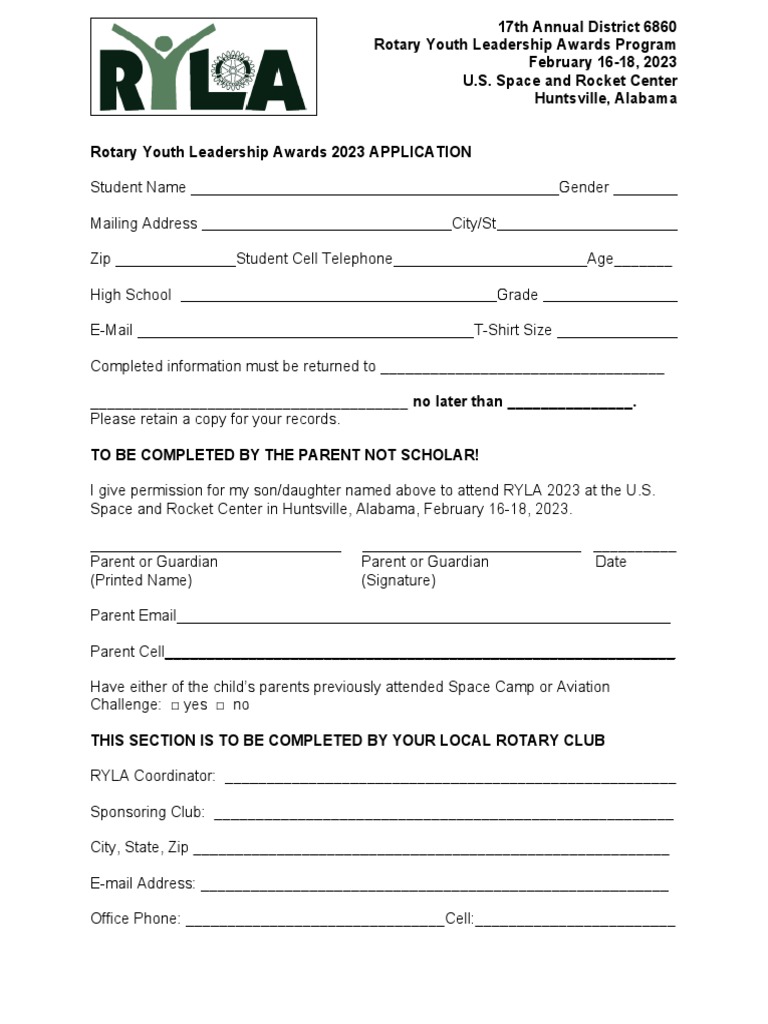 2023 Ryla Application Form For Club Use Only PDF