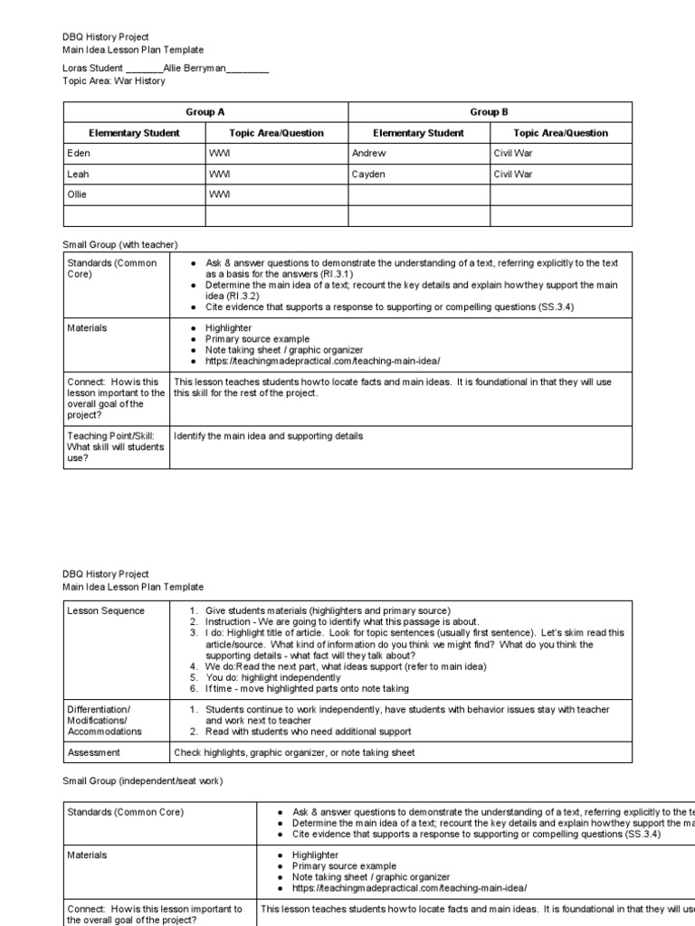 3 8 Lesson Plan Main Idea PDF Lesson Plan Teachers