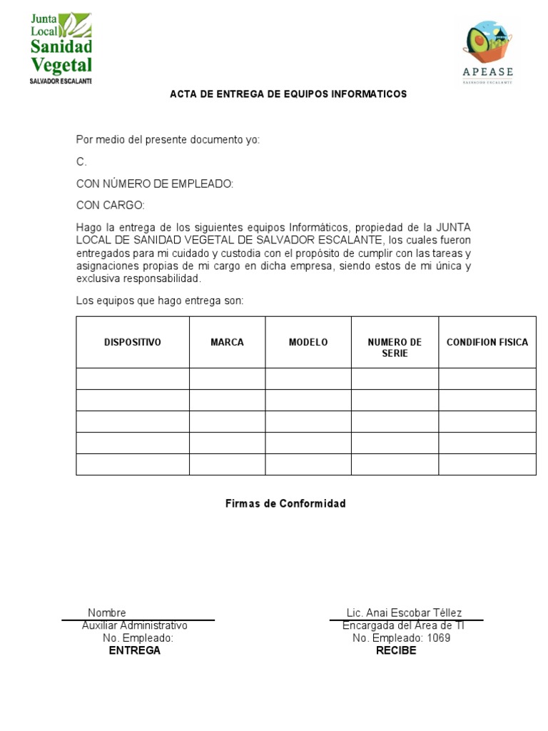 Acta de Entrega de Equipos Informáticos | PDF