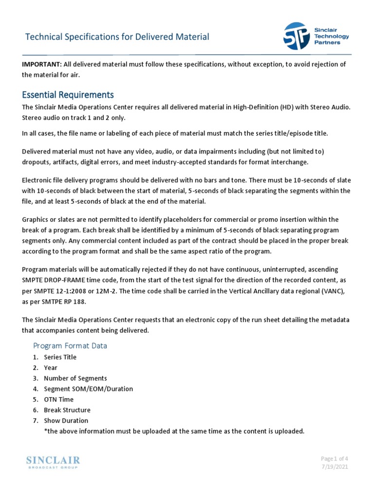 Sinclair HD Delivery Specifications | PDF | High Definition Television ...
