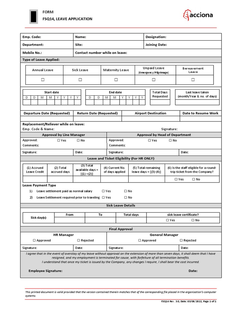 FSQ14 Leave Application (03 August 2022) Rev 3.0 | PDF | Sick Leave ...