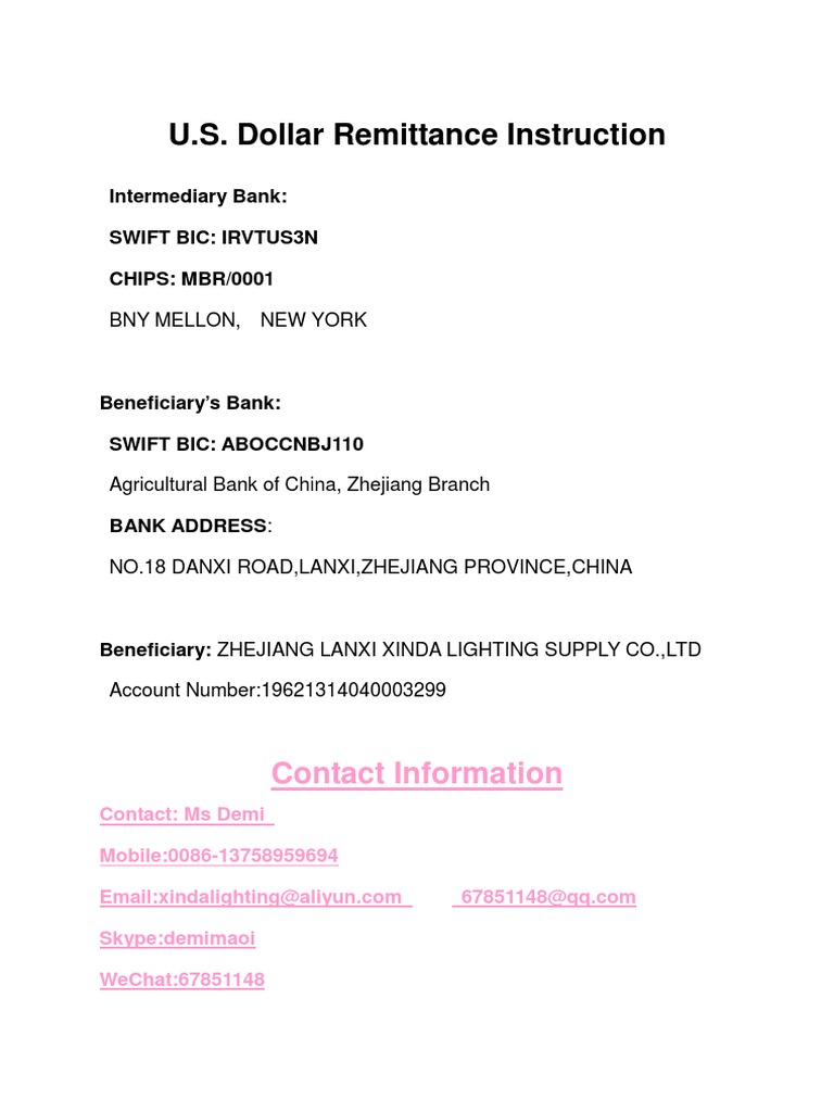 U.S. Dollar Remittance Details | PDF