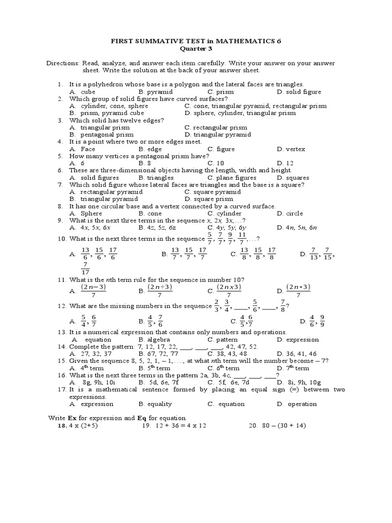 Math 6 Quarter 3 Summative Test | PDF | Triangle | Tetrahedron