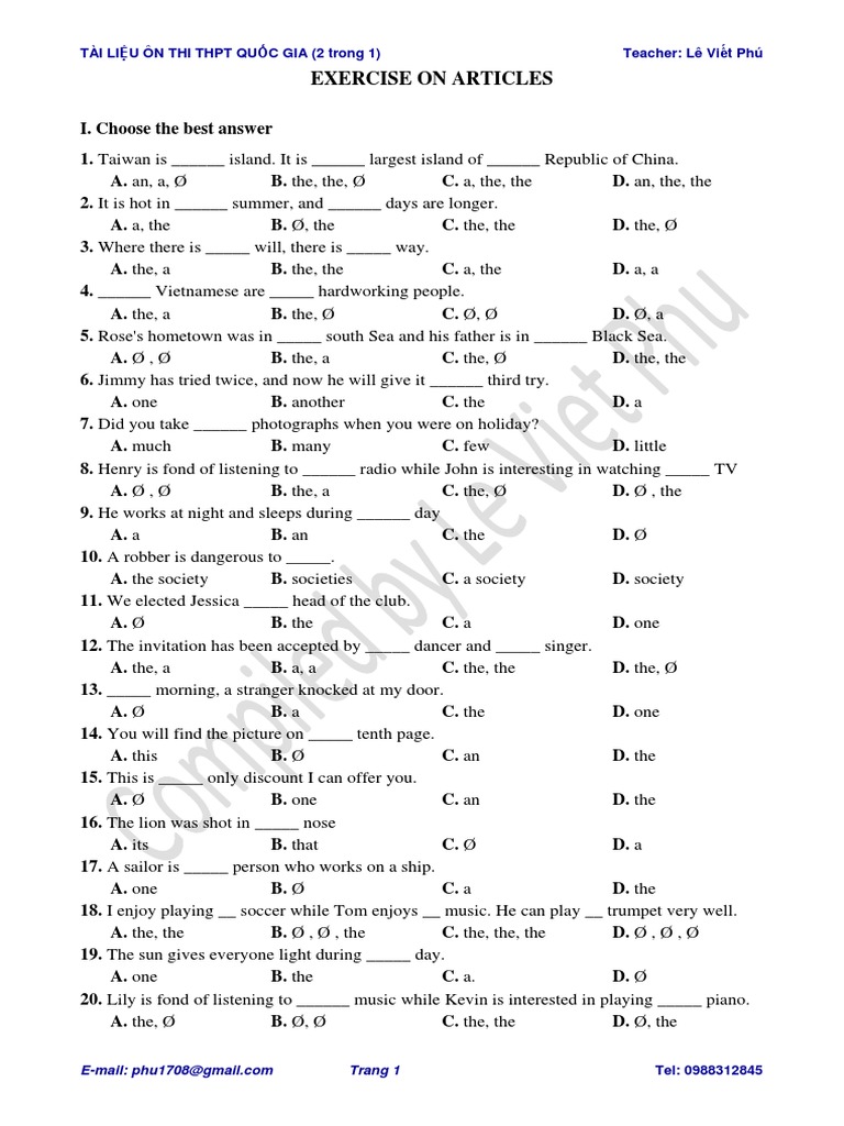 Exercise On Articles Pdf