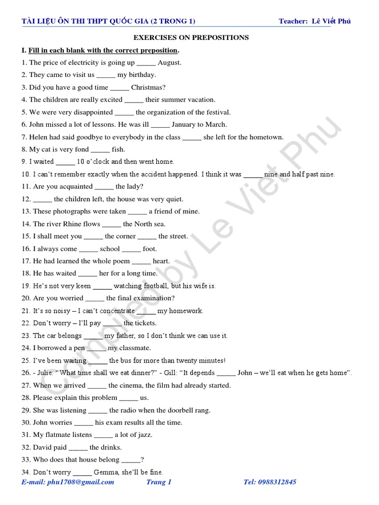 Exercise On Prepositions Pdf