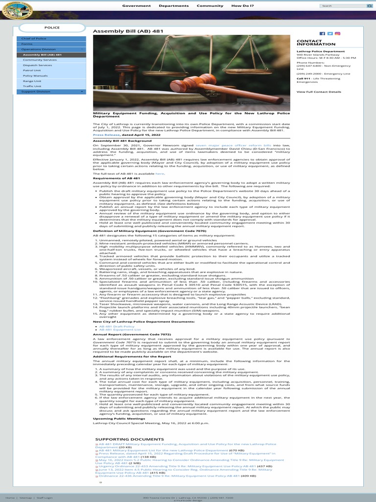 Assembly Bill (AB) 481 City of Lathrop CA PDF Humvee Mrap