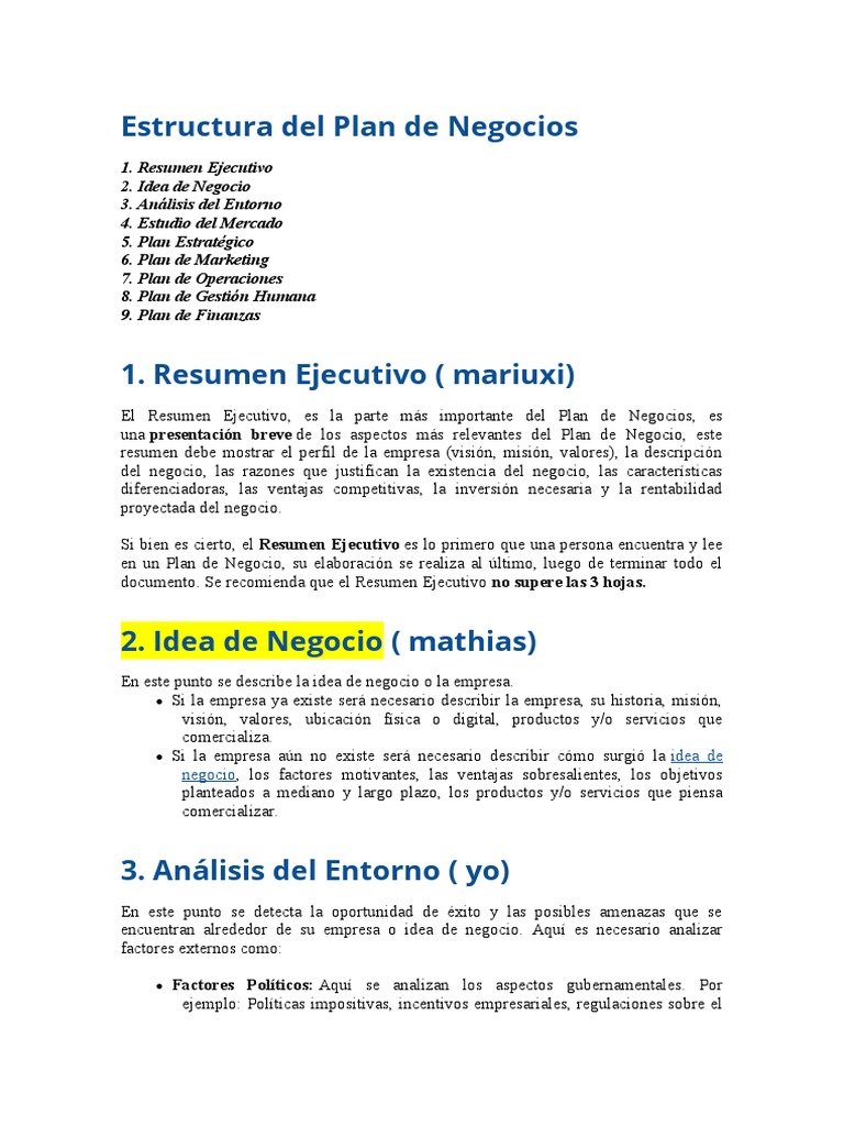 Estructura Del Plan de Negocios | PDF | Marketing | Planificación ...