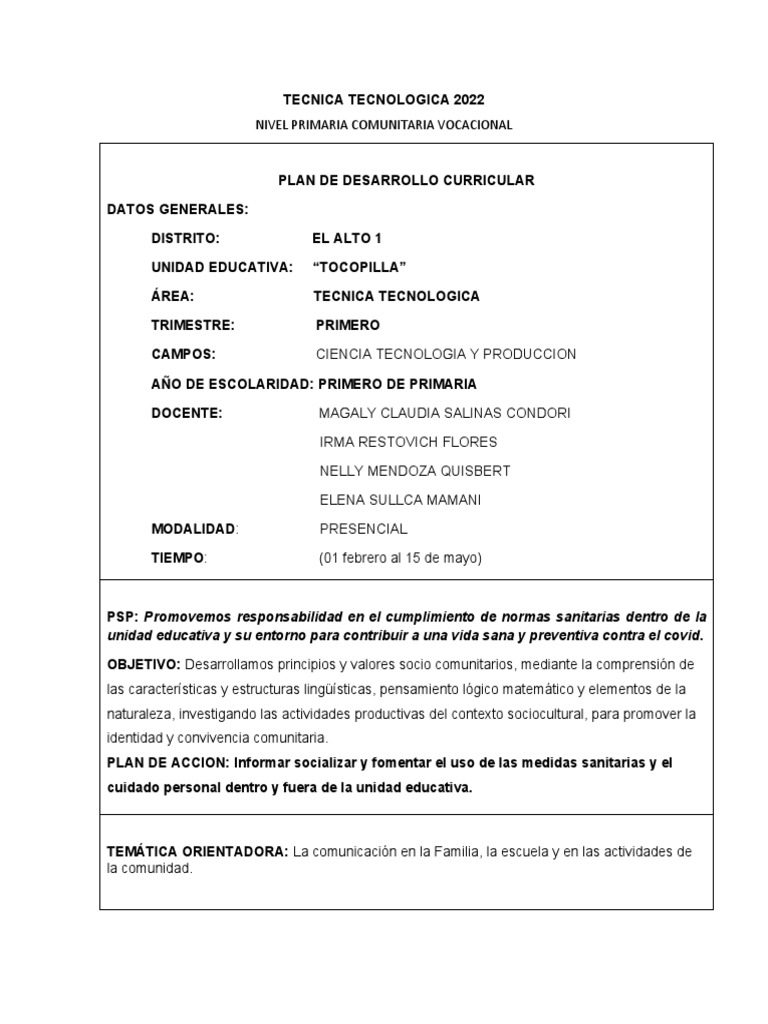 PDC Técnica Tecnológica Primaria 2022 | PDF | Agua | Plan de estudios