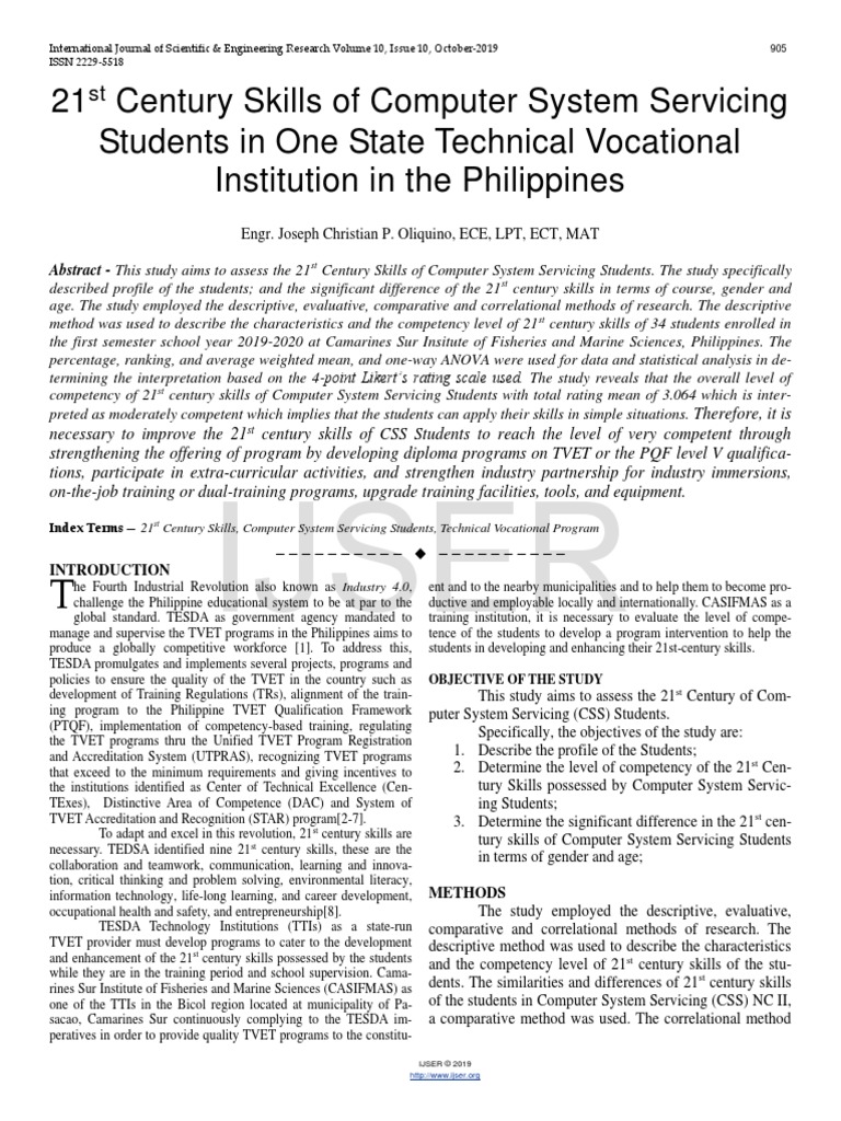 21st Century Skills of Computer System Servicing Students in One State Technical Vocational