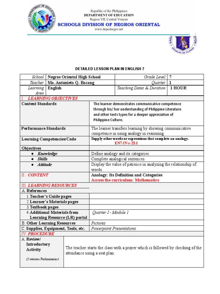 Grade 7 English Lesson Plan: Quarter 1 | PDF | Learning | Analogy