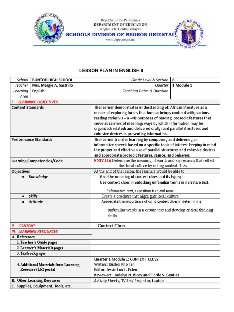 English 8 Quarter 1 Lesson Plan | PDF | Learning | Reading Comprehension