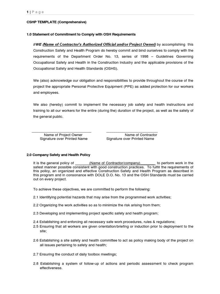 Comprehensive CSHP Template PDF Occupational Safety And Health
