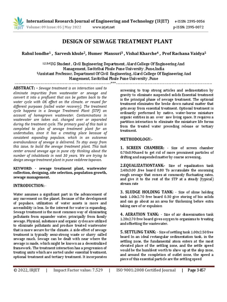 Design of Sewage Treatment Plant | PDF | Sewage Treatment | Chemistry