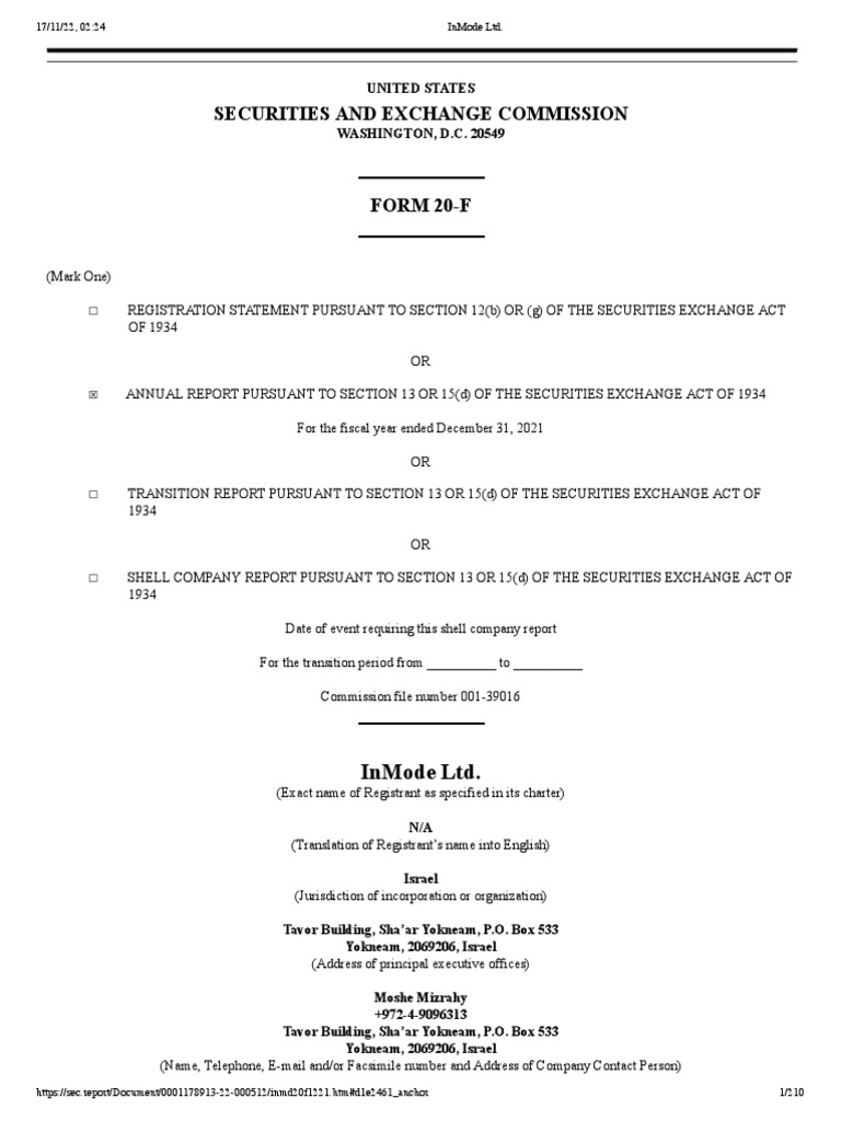 InMode 20F 2021 PDF Securities (Finance) Liability Insurance