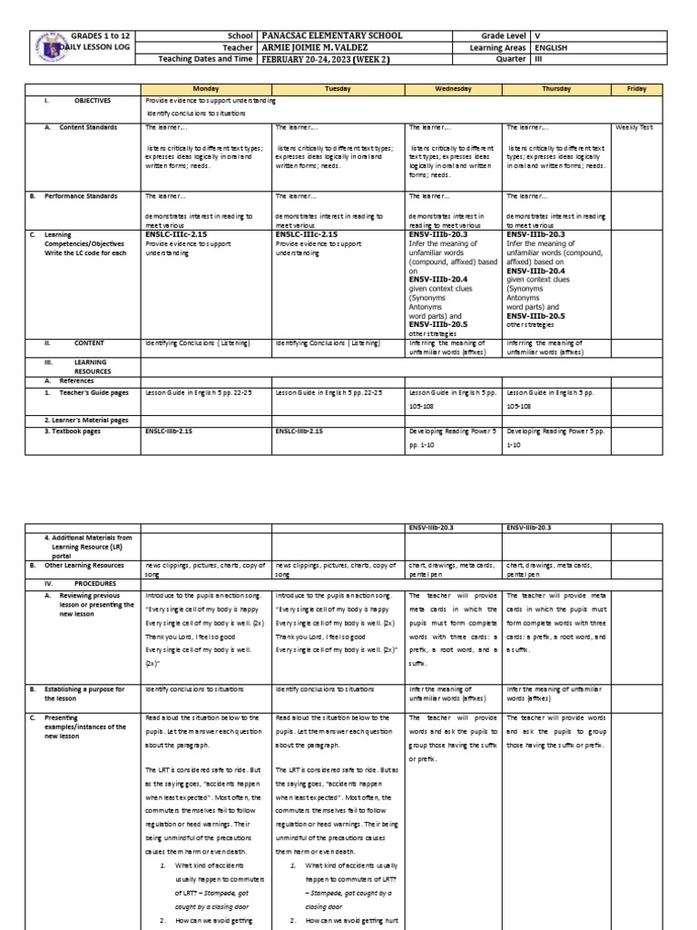 Grade 5 DLL ENGLISH 5 Q3 Week 2 | PDF | Learning | Linguistics