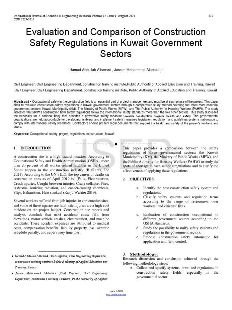 Evaluation and Comparison of Construction Safety Regulations in Kuwait