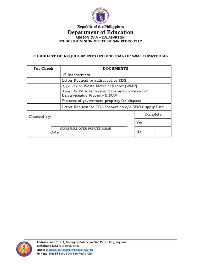 Checklist of Requirements On Waste Disposal PDF