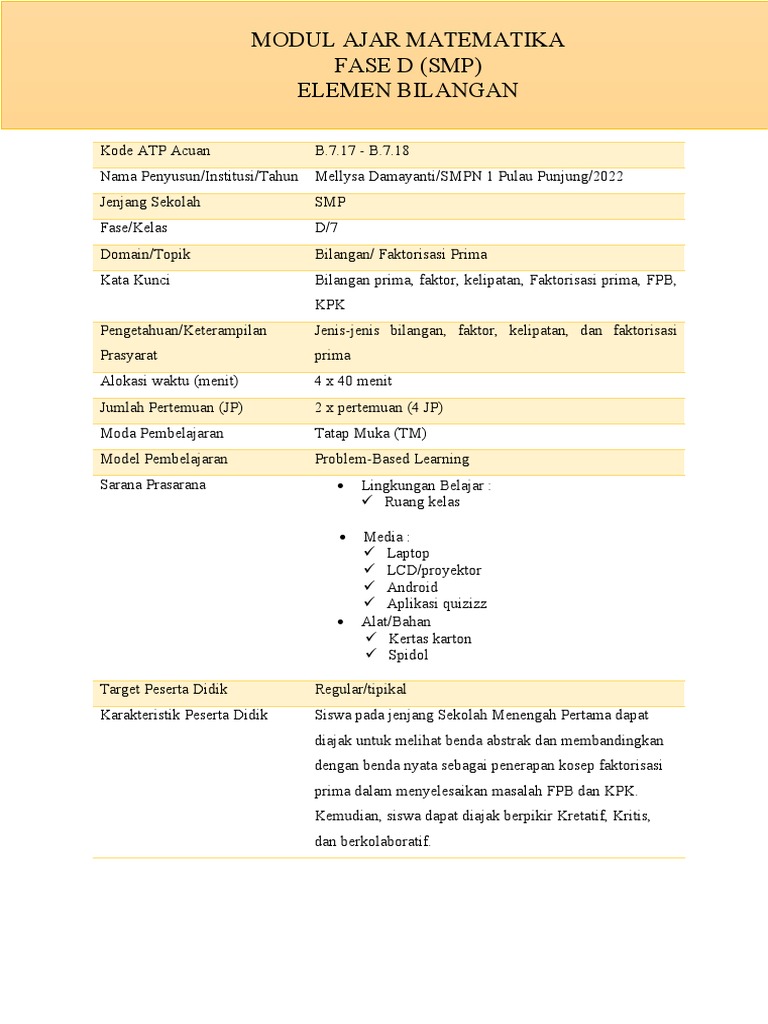 Modul Faktorisasi Prima Untuk Menyelesaikan Masalah Fpb Dan Kpk Di Smp