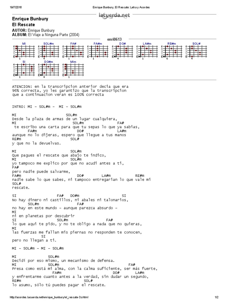 Enrique Bunbury, El Rescate Letra y Acordes PDF