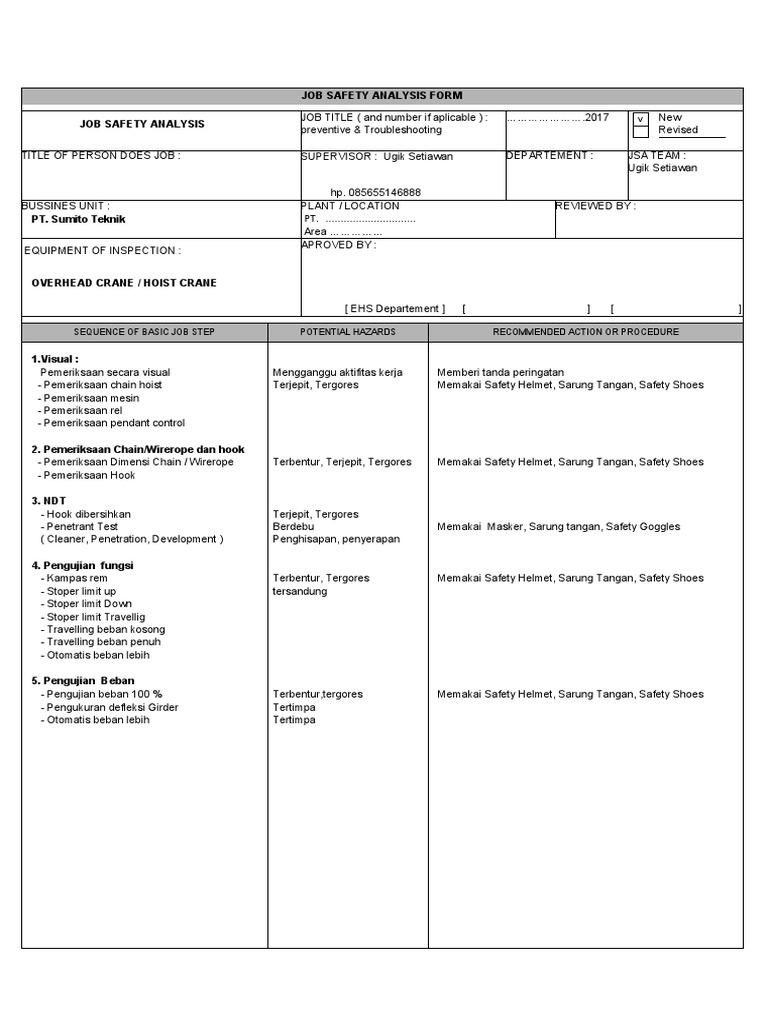 Crane Job Safety Analysis Form | PDF | Working Conditions | Systems ...