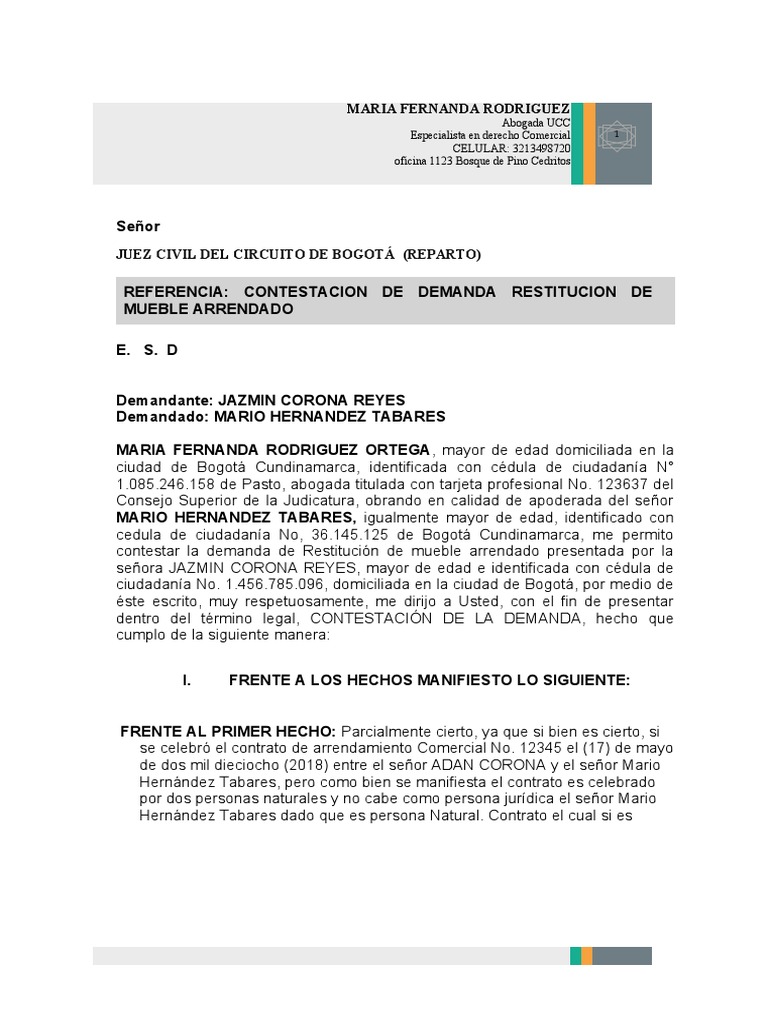Contestacion Demanda Restitucion de Mueble Arrendado | PDF | Demanda ...