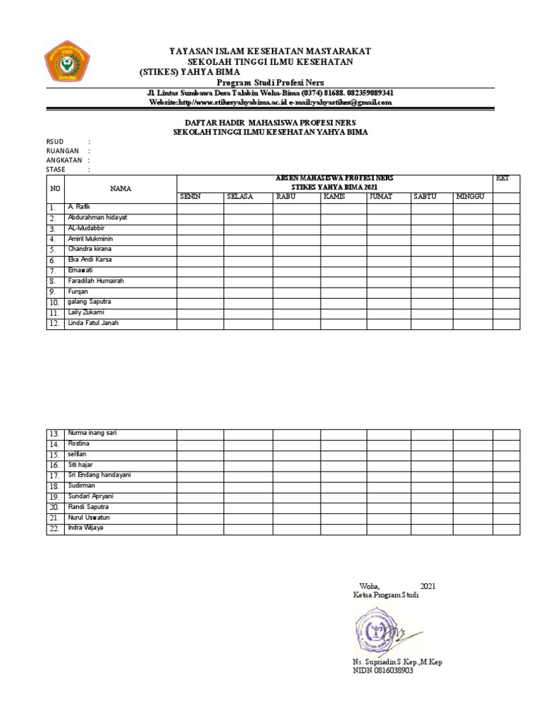 Daftar Hadir Mahasiswa Profesi Ners | PDF
