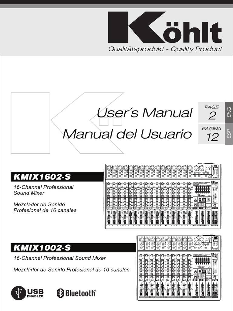 (KMIX1602 1002 Mixers KOHLT) Users Manual English Spanish PDF