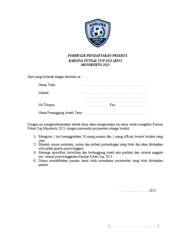 Formulir Pendaftaran Turnamen PDF