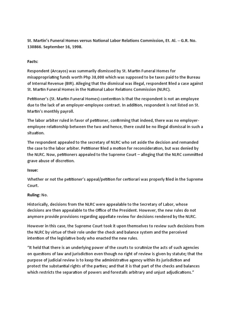 St. Martin's Funeral Homes Versus National Labor Relations Commission