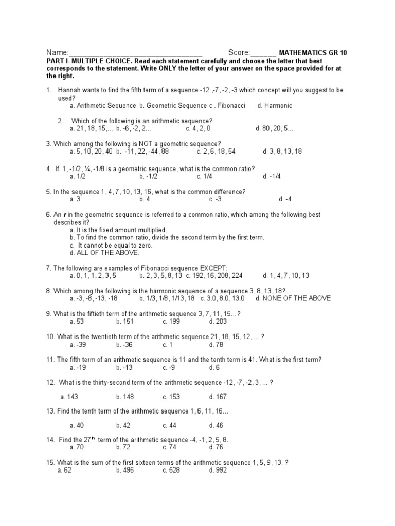 Grade 10 Mathematics Practice Test | PDF | Ratio | Mathematics