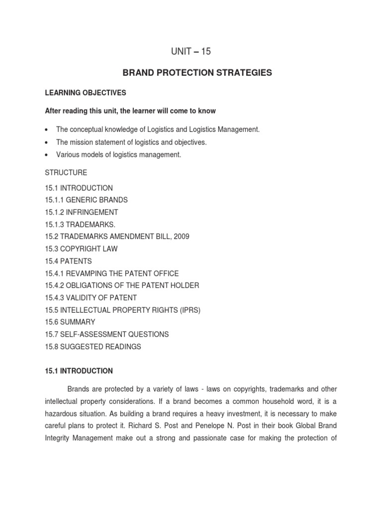 Unit 15 BRAND PROTECTION STRATEGIES PDF Trademark Patent