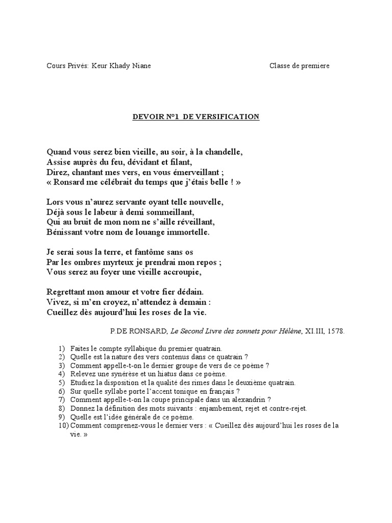Devoir de Versification en Français | PDF | Poésie