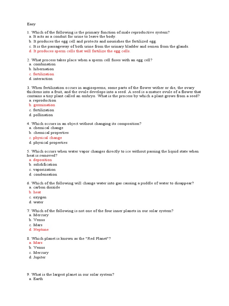 Science Quiz Bee Questions PDF Solar System Fertilisation