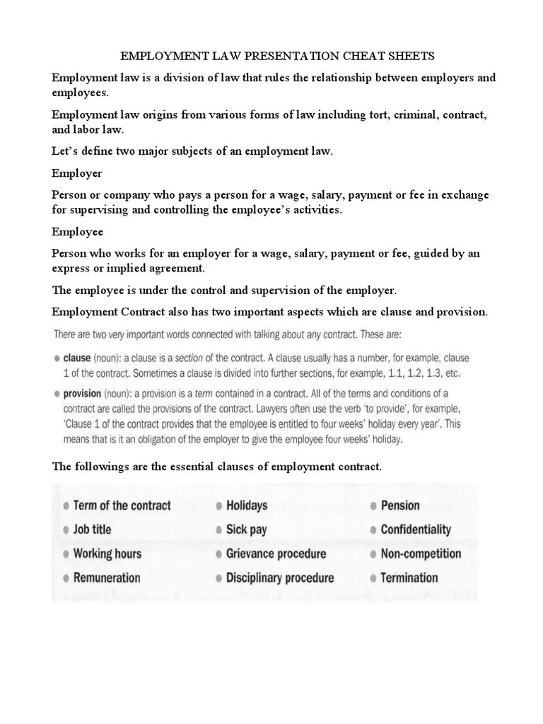 Employment Law Presentation Cheat Sheets PDF