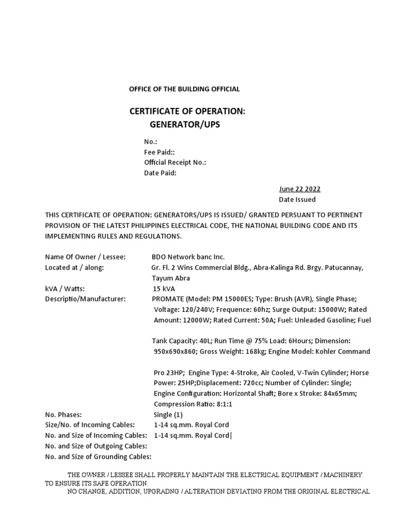 Generator/UPS Operation Certificate | PDF | Engines | Electric Generator