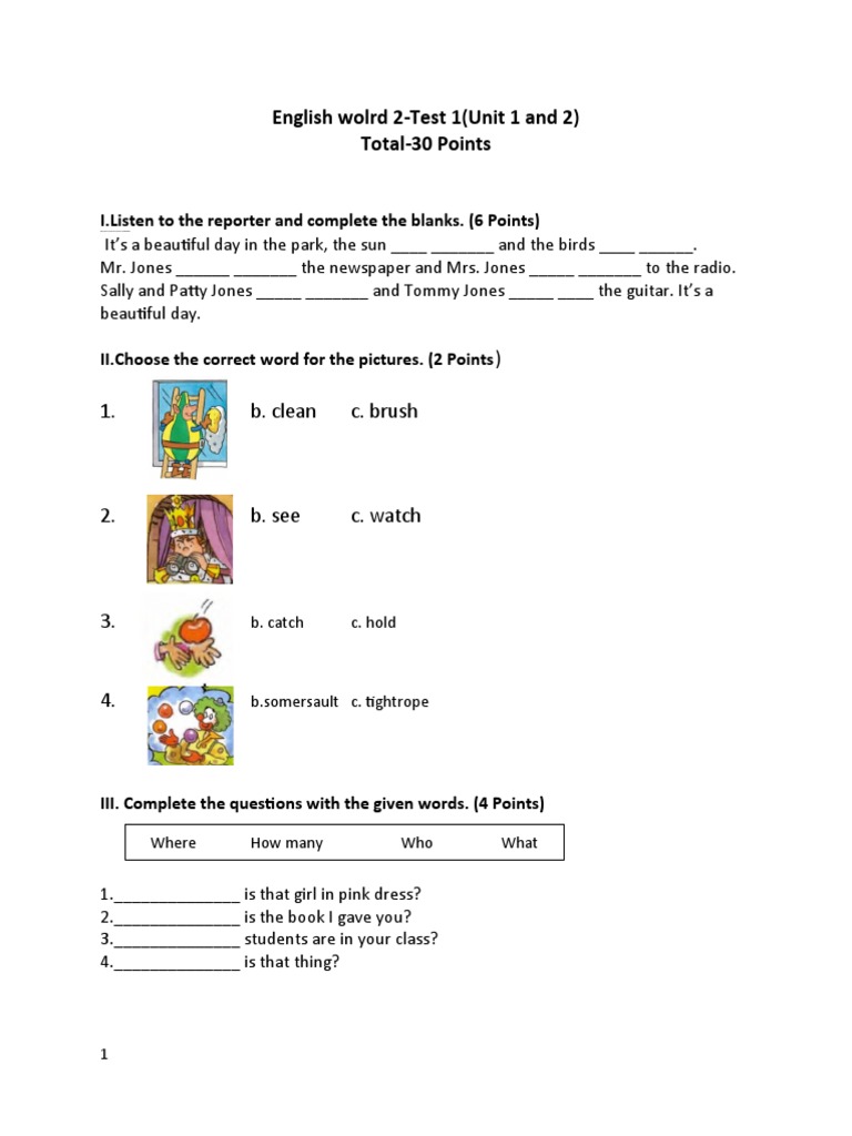 English World 2 Unit 1 & 2 Test | PDF