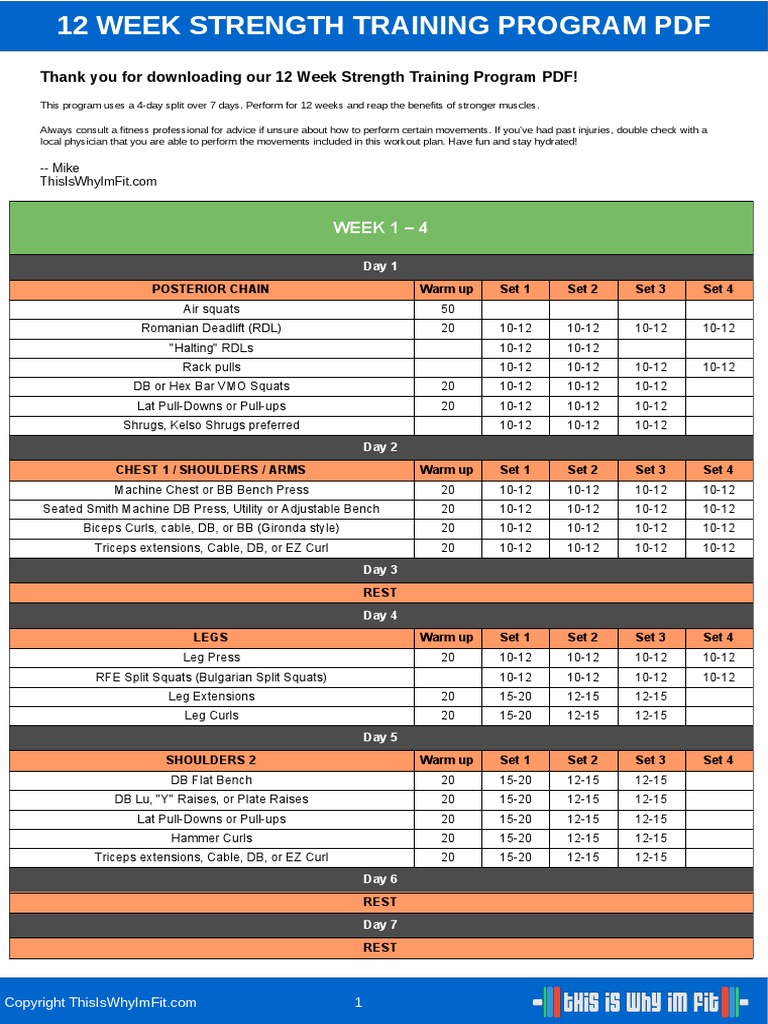 12 Week Strength Training Program PDF Strength Training Weight